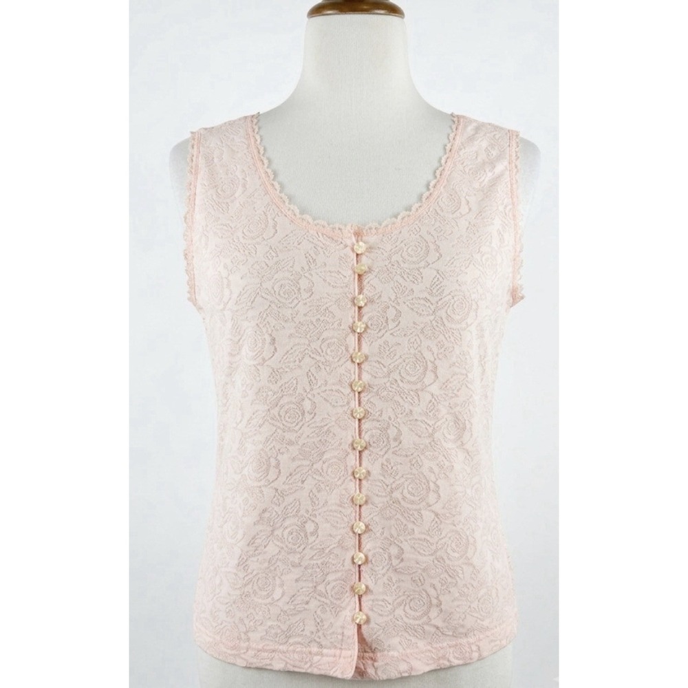 Casual Corner Vtg Tank Top L Baby Pink Rose Lace 90s Cottage core Coquette